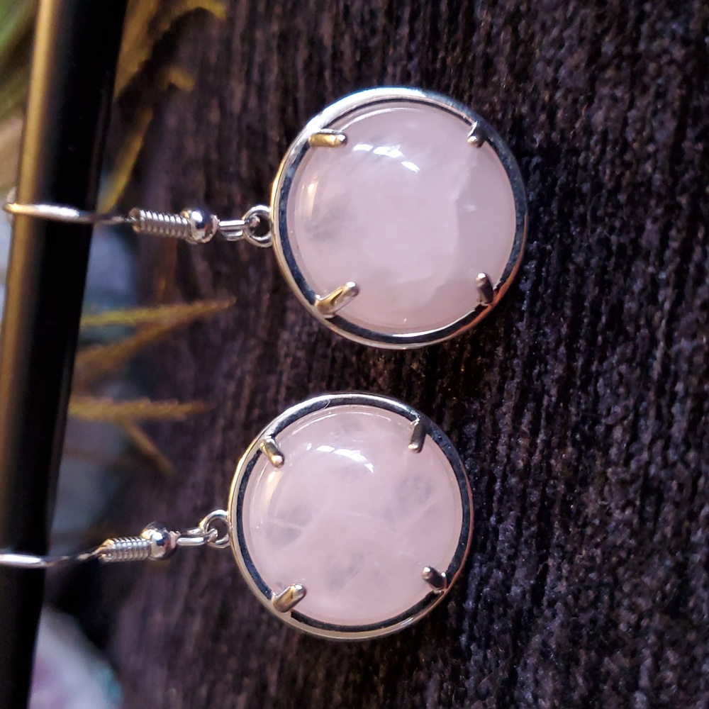 Genuine ROSE QUARTZ Round Cabochon Prong Set Silver Fish Hook Drop Earrings - Picture 3 of 5